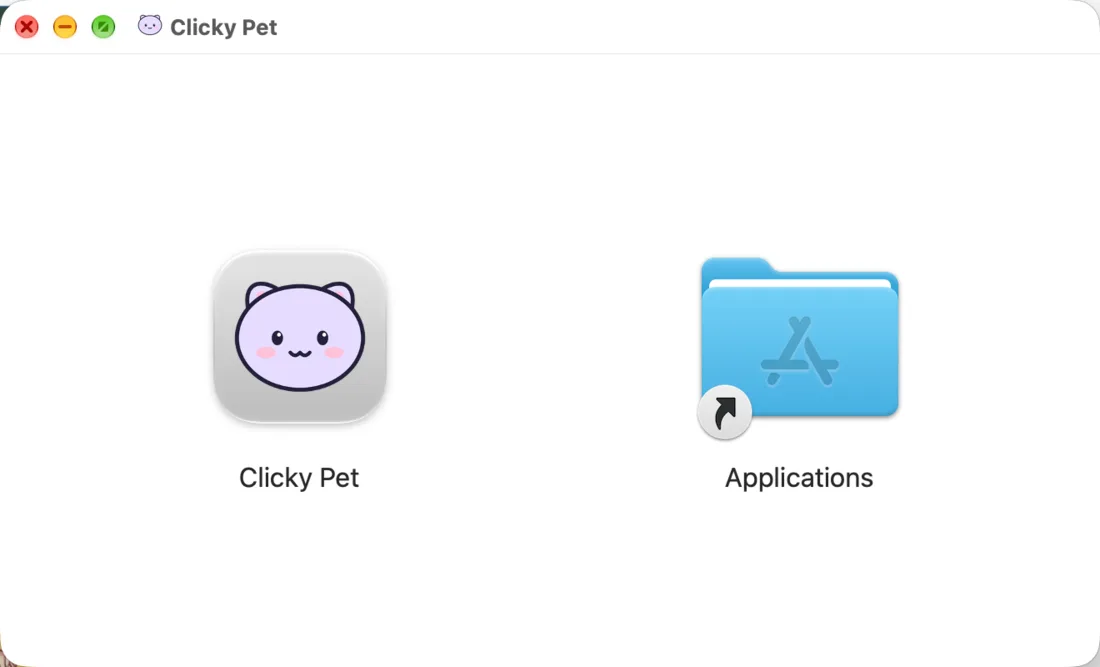 The Clicky Pet disk image window with the app and the Applications folder