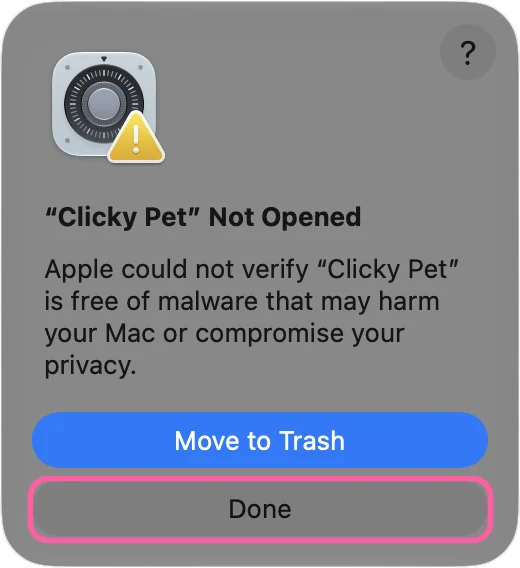 The macOS dialog Clicky Pet Not Opened, with the Done button marked