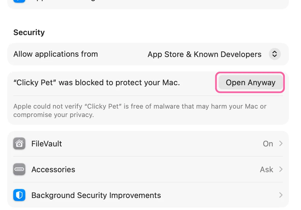 The Security section of Privacy & Security with the Open Anyway button marked