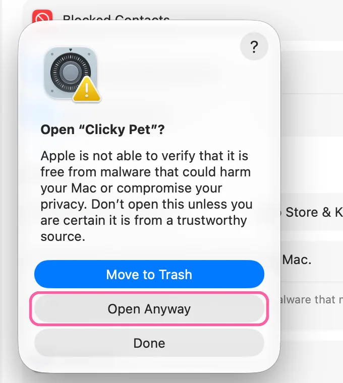 The macOS box Open Clicky Pet with the Open Anyway button marked