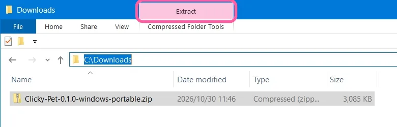 File Explorer with the Clicky Pet zip selected and the Extract tab marked