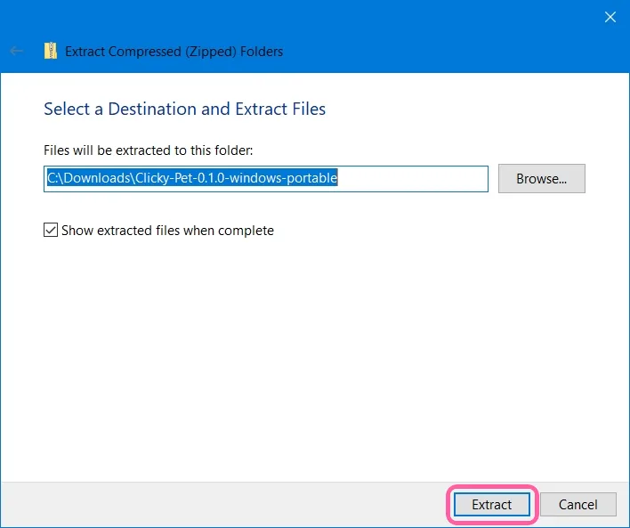 The Extract Compressed (Zipped) Folders dialog with the Extract button marked