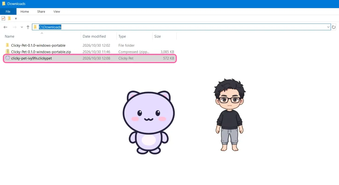 The Downloads folder with a .clickypet file marked, its type shown as Clicky Pet, and two pets on the desktop