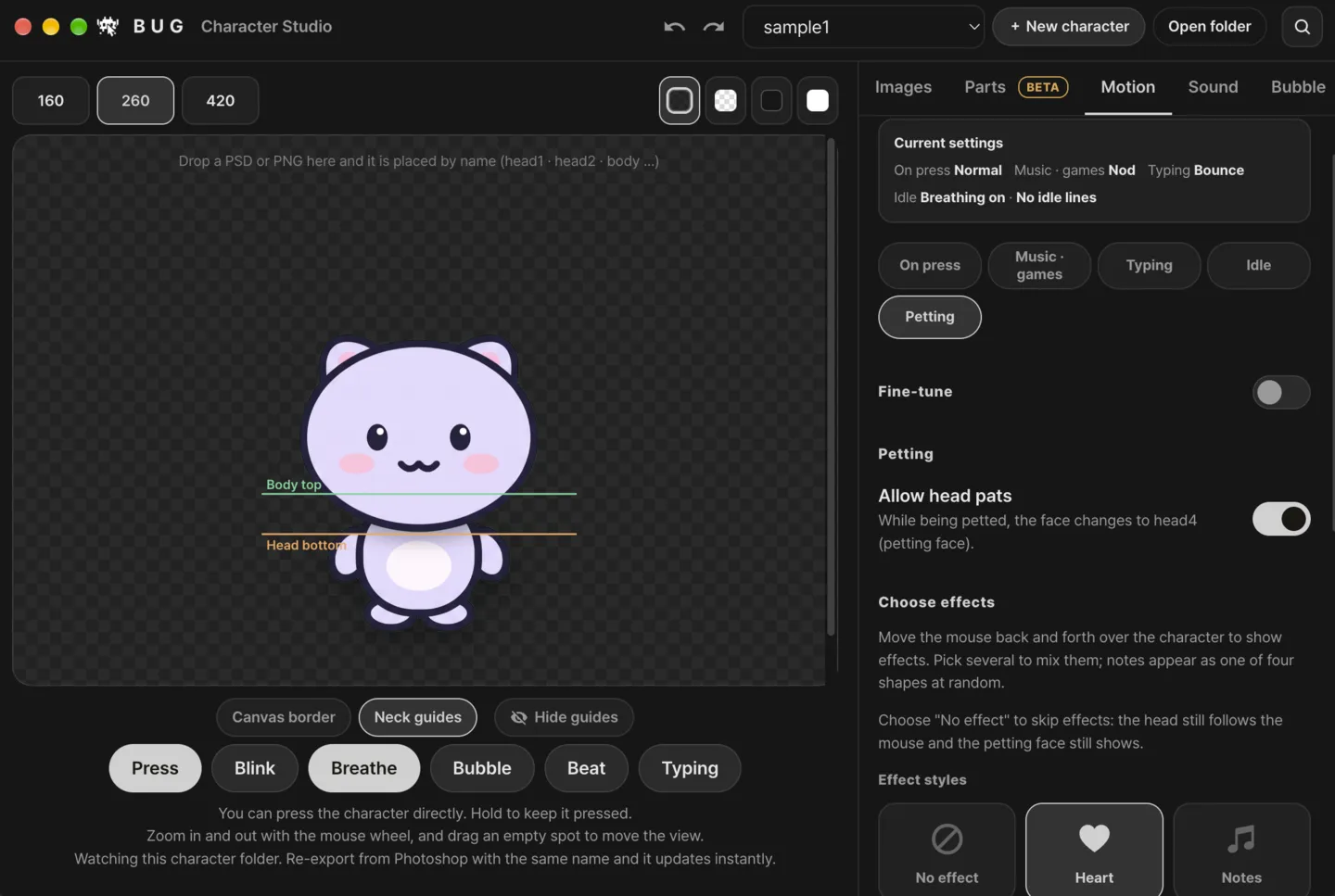 BUG Clicker's Character Studio on Motion, Petting, with Allow head pats turned on